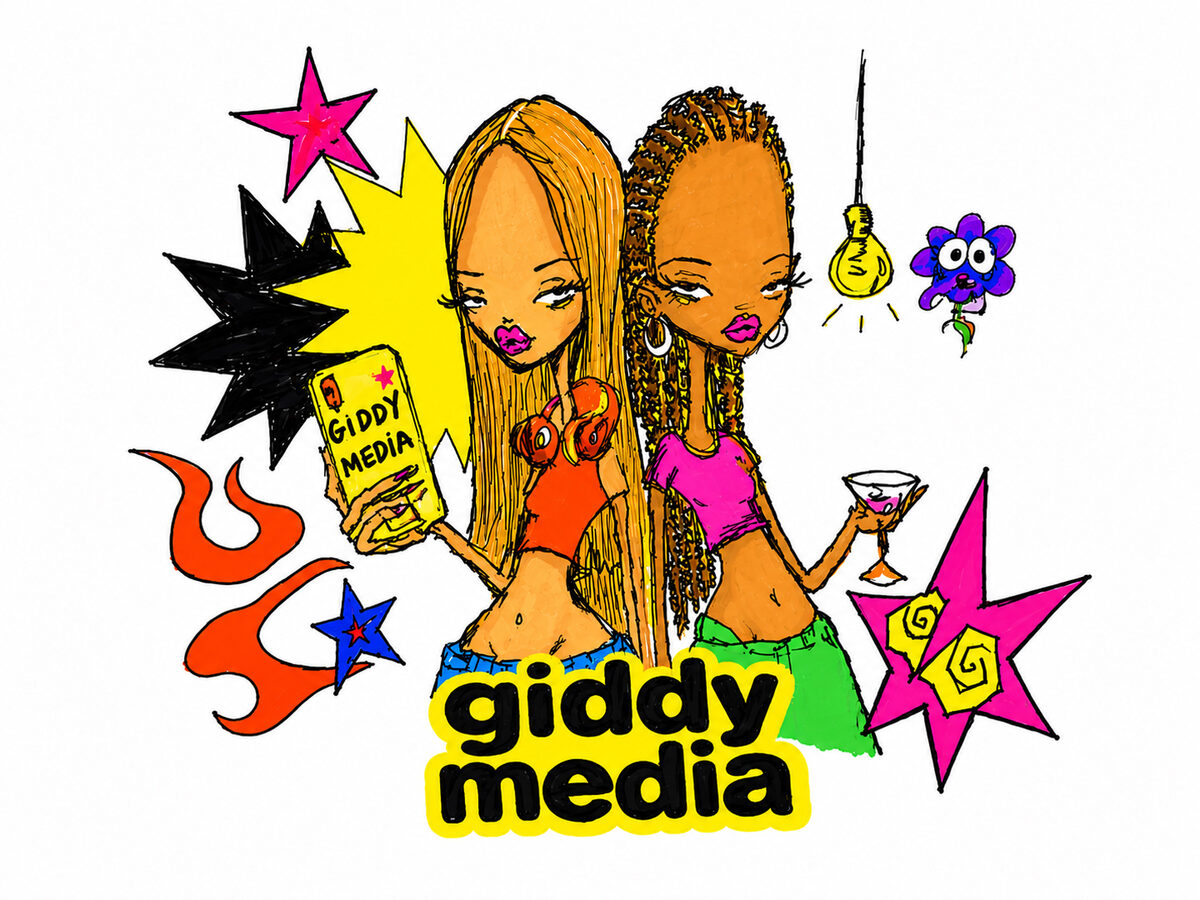 Hand-drawn illustration of two girls, one holding a Giddy Media phone, surrounded by stars, flames, a lightbulb and a googly-eyed flower