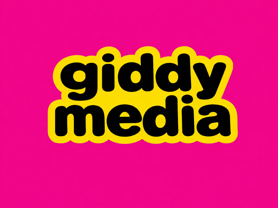 Giddy Media logo, black lettering with a yellow outline on hot pink