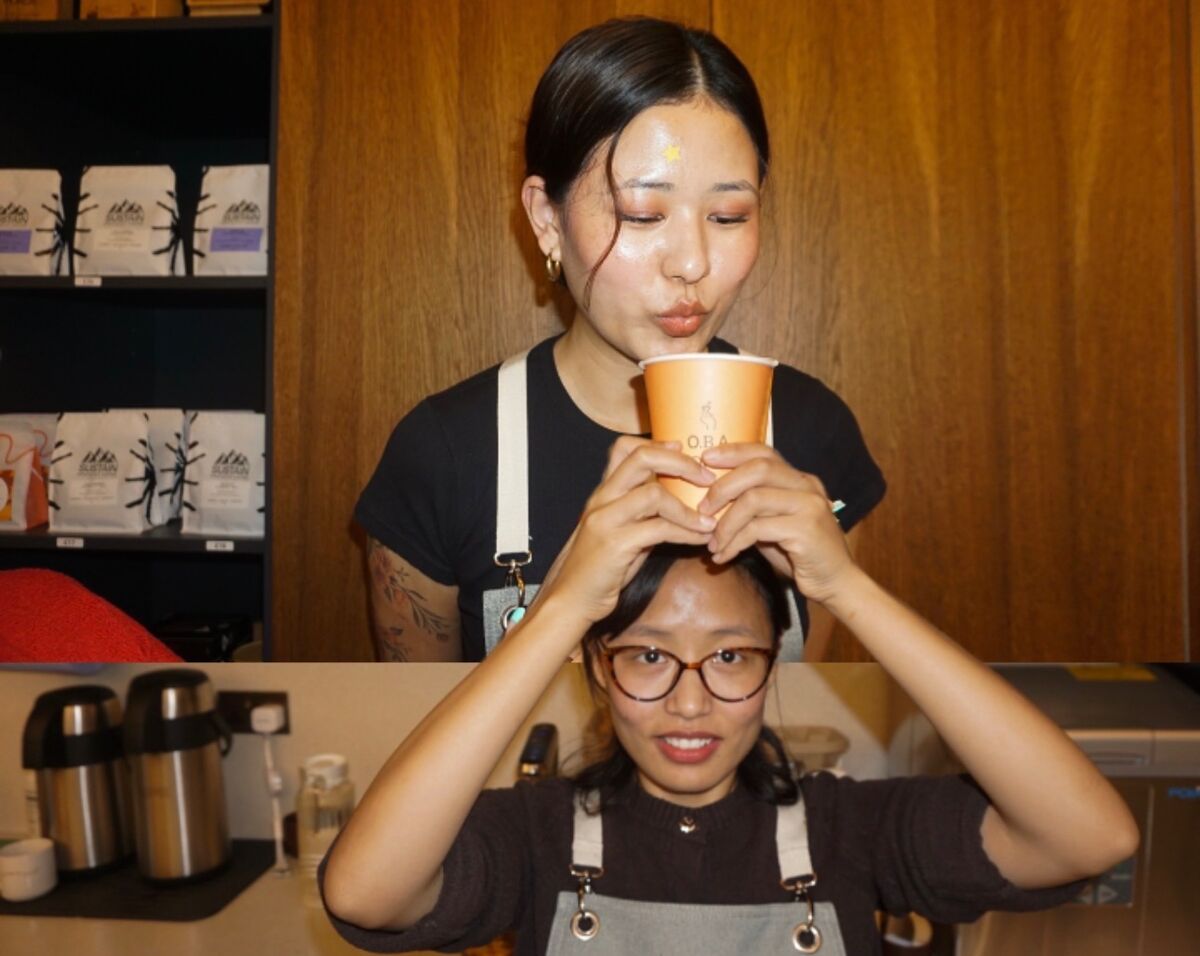 Two OBA baristas stacked in a split photo, one sipping from a cup balanced on the other's head